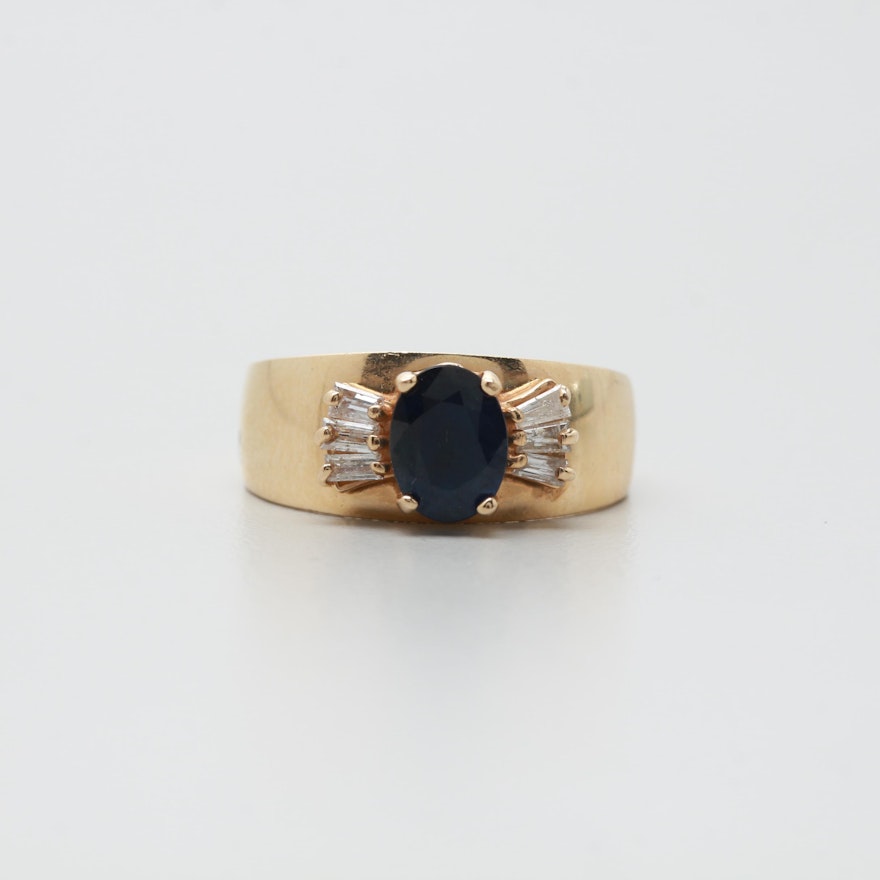 14K Yellow Gold Blue Sapphire and Diamond Ring