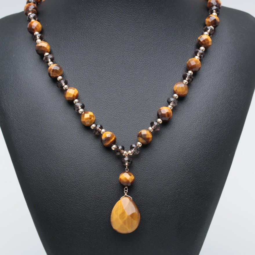 10K Yellow Gold Tiger's Eye and Smoky Quartz Necklace