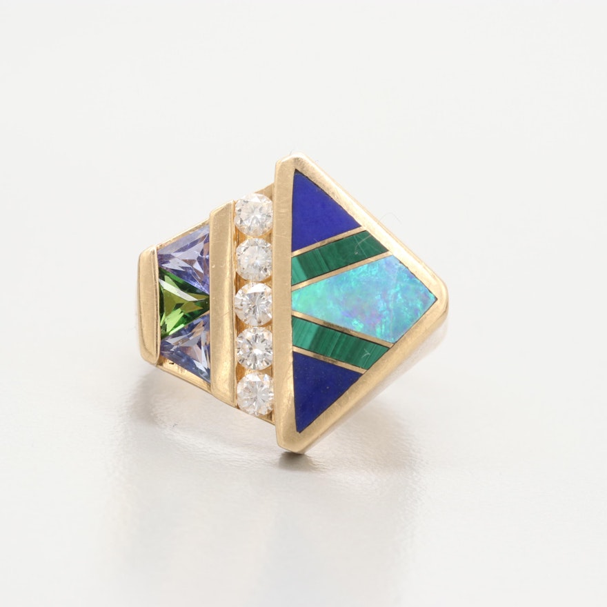 14K Yellow Gold Tanzanite, Diamond and Gemstone Inlay Ring