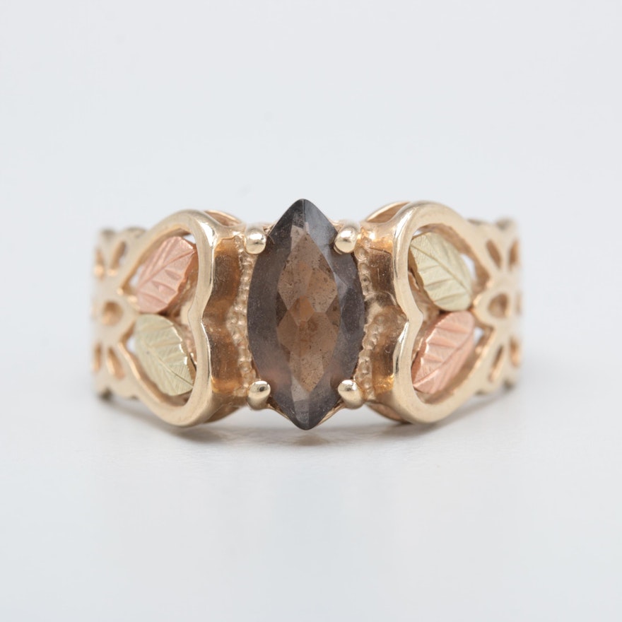 10K Yellow Gold Smoky Quartz Ring with Green and Rose Gold Accents