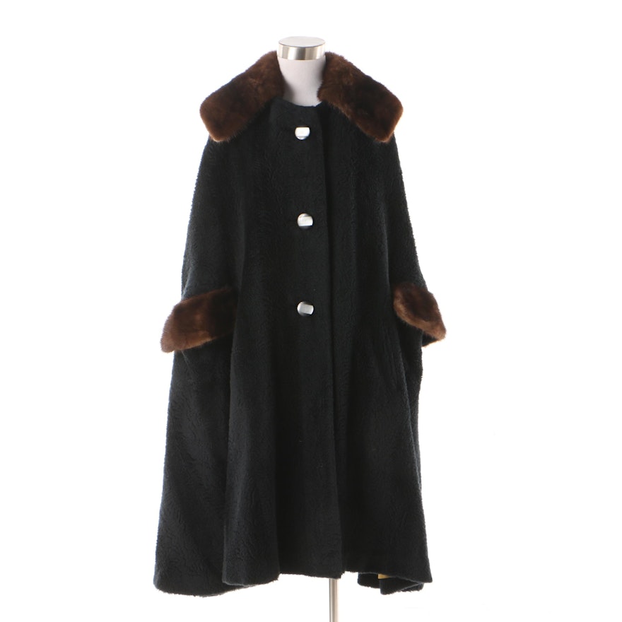 Women's Black Faux Fur Cape Coat with Mink Fur Collar and Trim