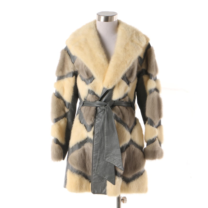 Vintage Cohen's Furs Grey and Blonde Pieced Mink Fur and Leather Wrap Jacket