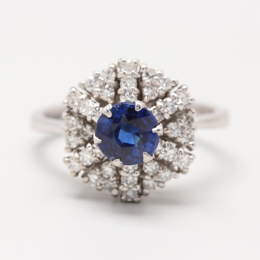 18K White Gold Blue Sapphire and Diamond Ring