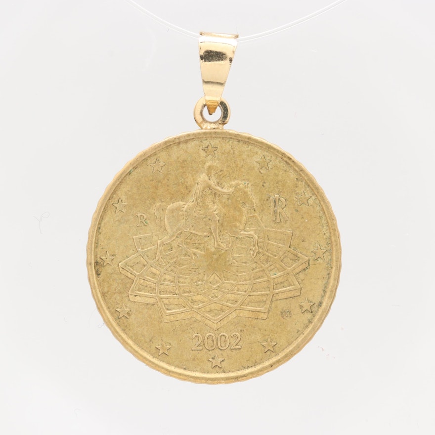 14K Yellow Gold and Gold Tone Pendant with 2002 50 Cent Euro Coin