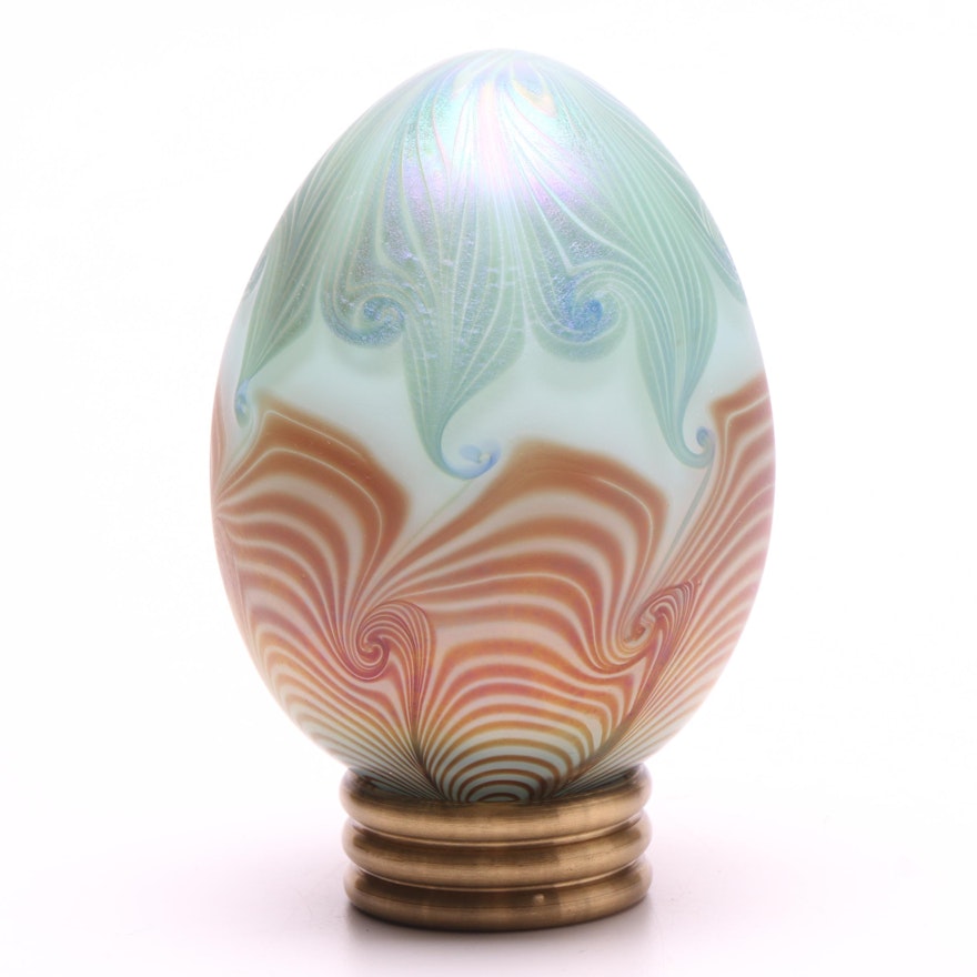Iridescent Art Glass Egg with Stand