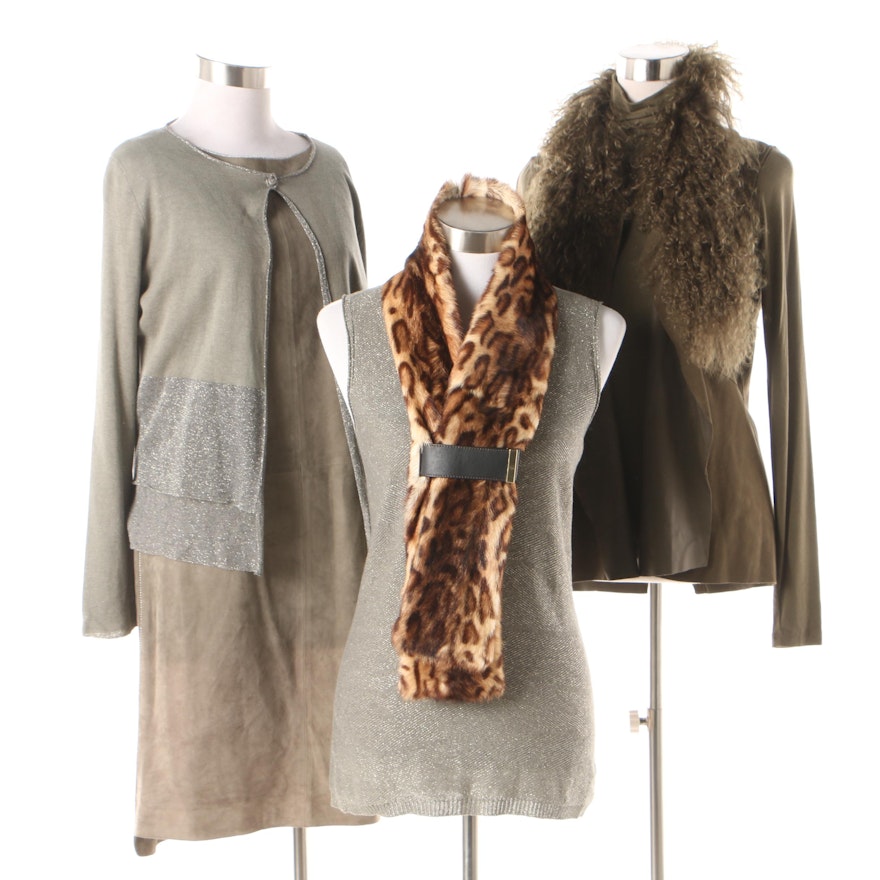 Women's Tops and Sweaters Including Per Se Goat Fur Scarf