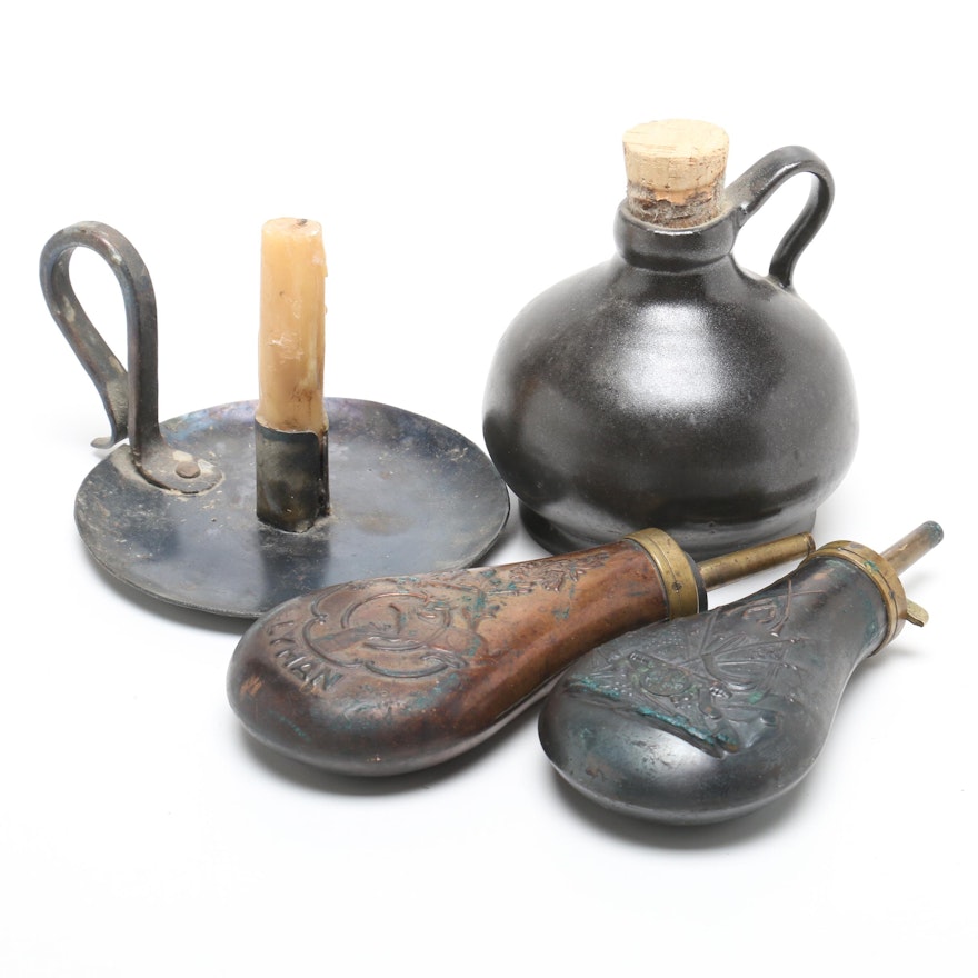 Powder Flasks, Metal Candle Holder, and Stoneware Jug