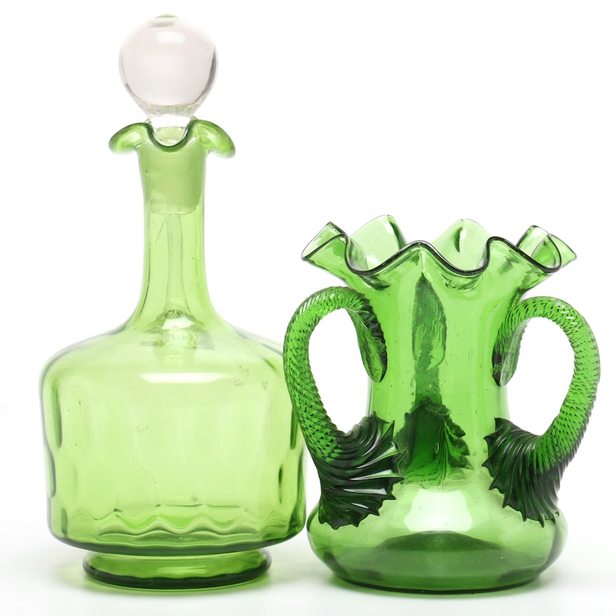 Green Art Glass Handled Vase and Cruet