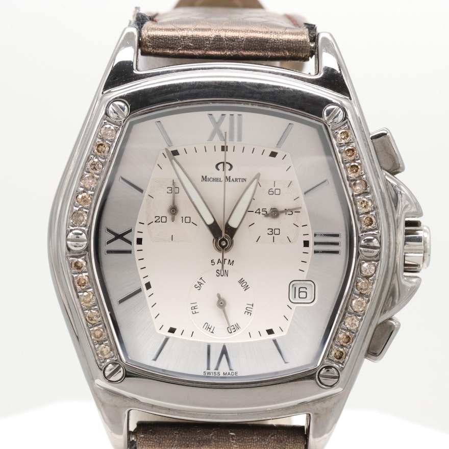 Michel Martin Stainless Steel Quartz Chronograph Wristwatch With Diamond Bezel
