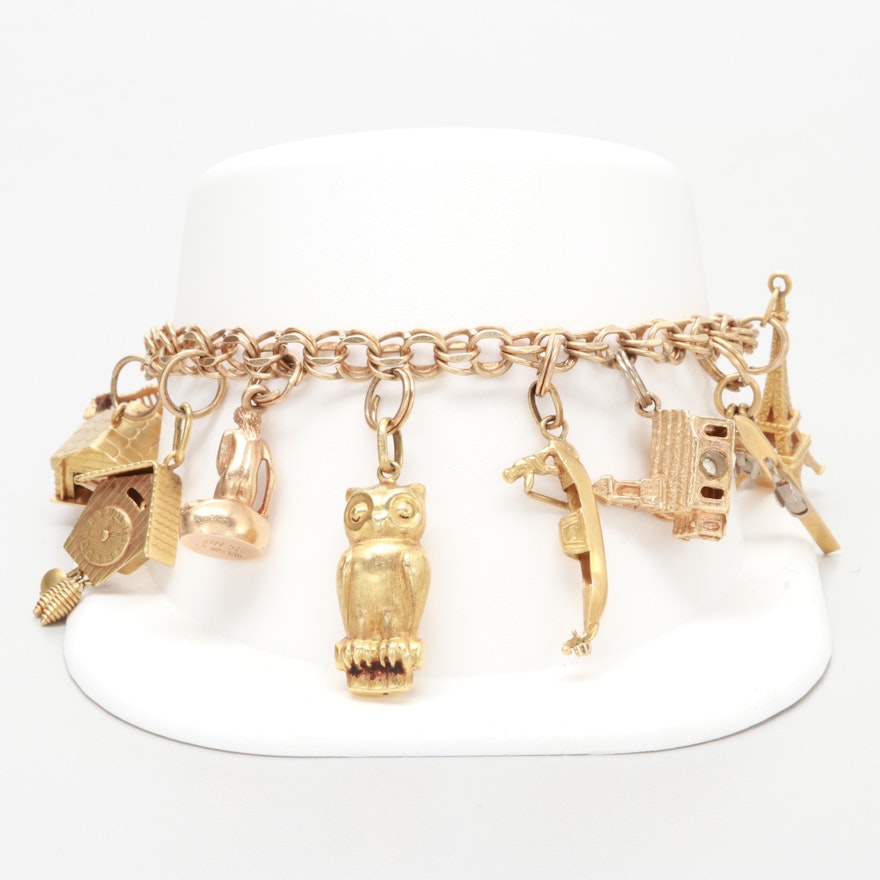 Vintage 14K Yellow Gold Charm Bracelet with 18K, 14K and 9K Gold Charms