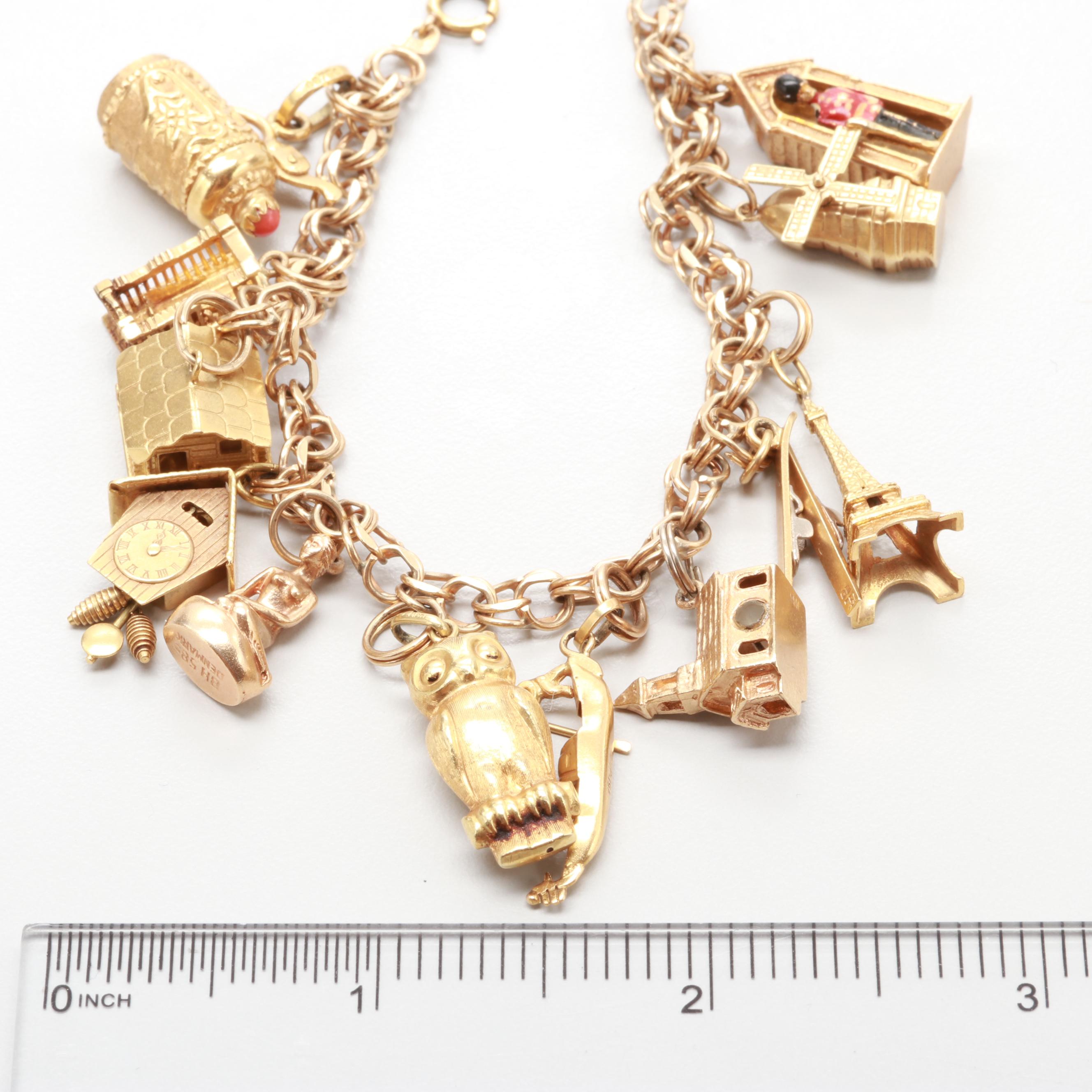 Vintage 14K Yellow Gold Charm Bracelet with 18K, 14K and 9K Gold Charms