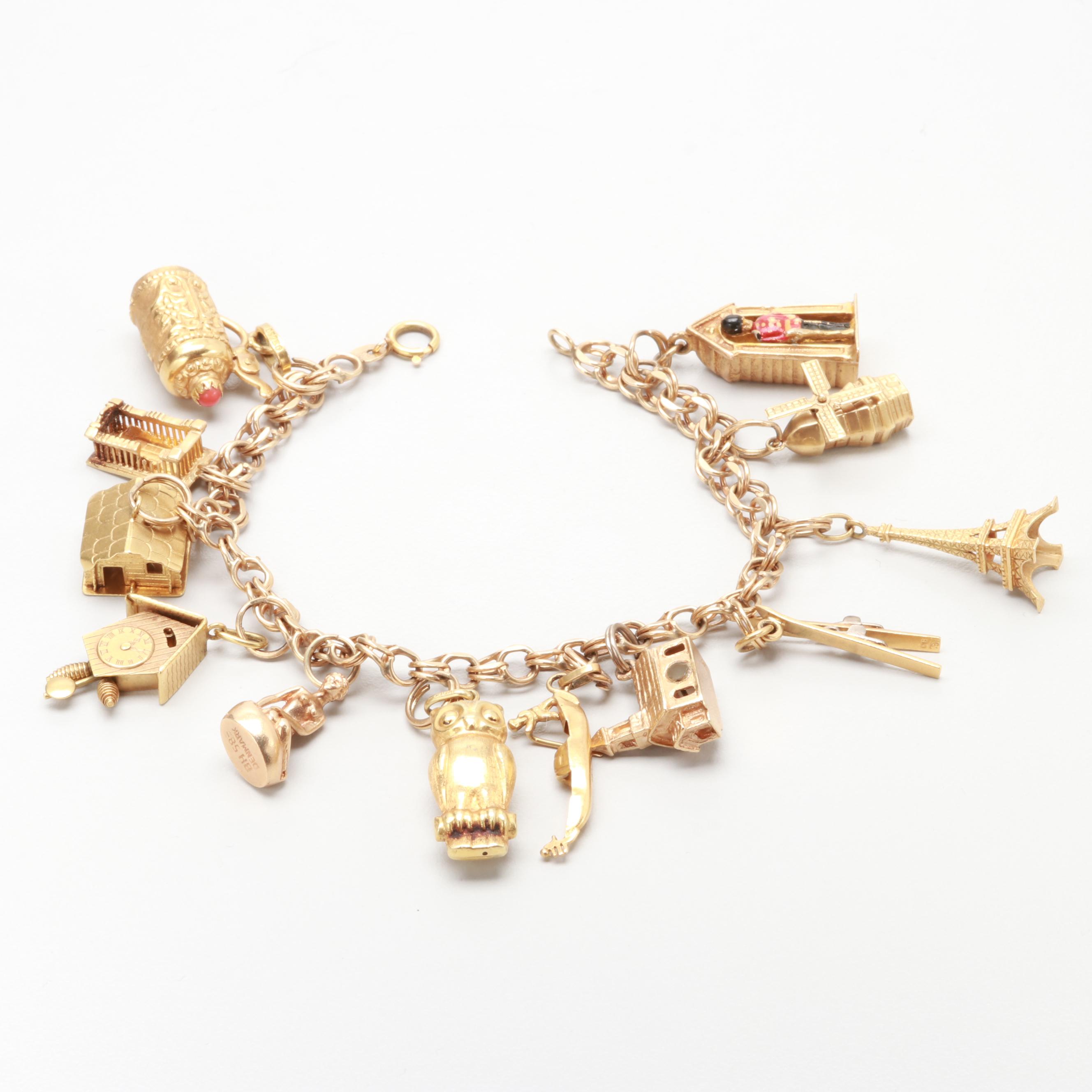 Vintage 14K Yellow Gold Charm Bracelet with 18K, 14K and 9K Gold Charms