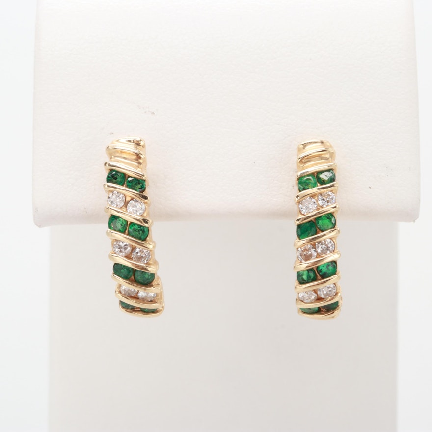 14K Yellow Gold Emerald and Diamond Drop Earrings