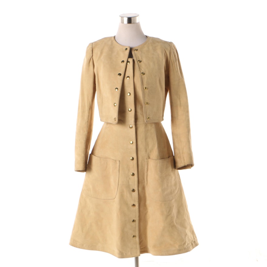 Vintage Miss Magnin Light Camel-Colored Suede Dress Set