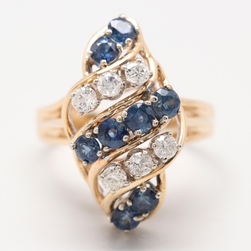 14K Yellow Gold Blue Sapphire and Diamond Ring