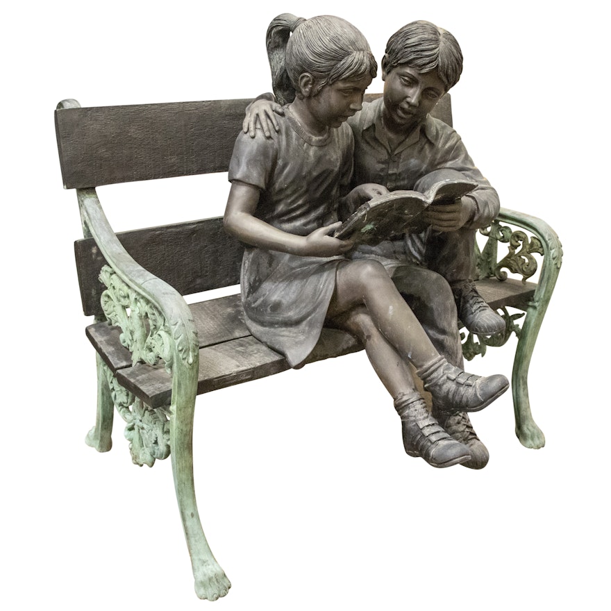 Leonardo Rossi Bronze Sculpture of Children Reading on Bench