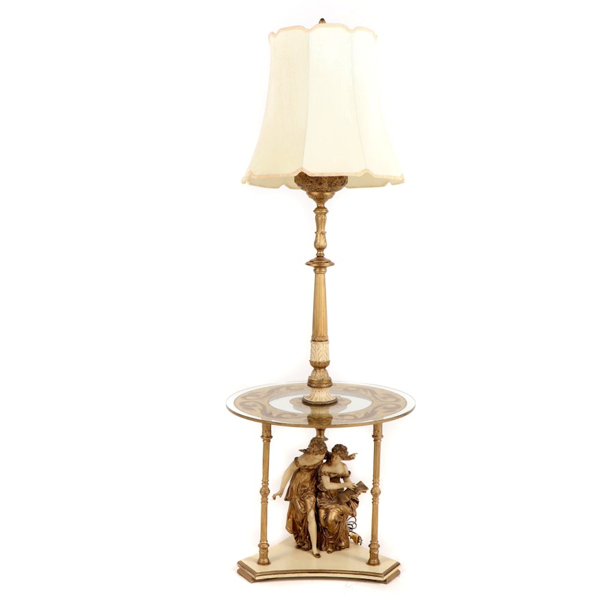 Baroque Style Gilt Metal and Glass Side Table Floor Lamp with Shade
