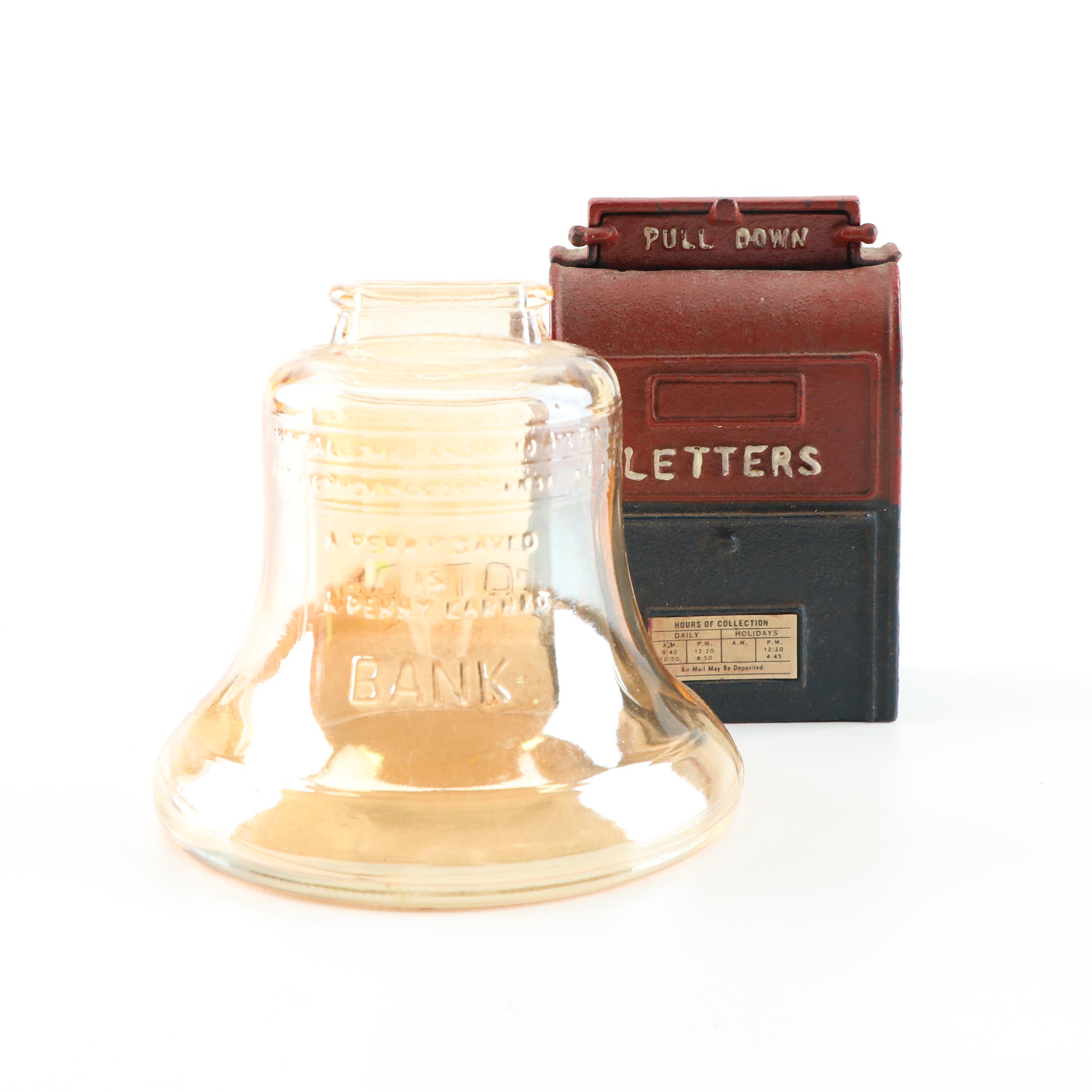 Cast Iron Mailbox Bank and Carnival Glass Liberty Bell Bank, Mid-Century