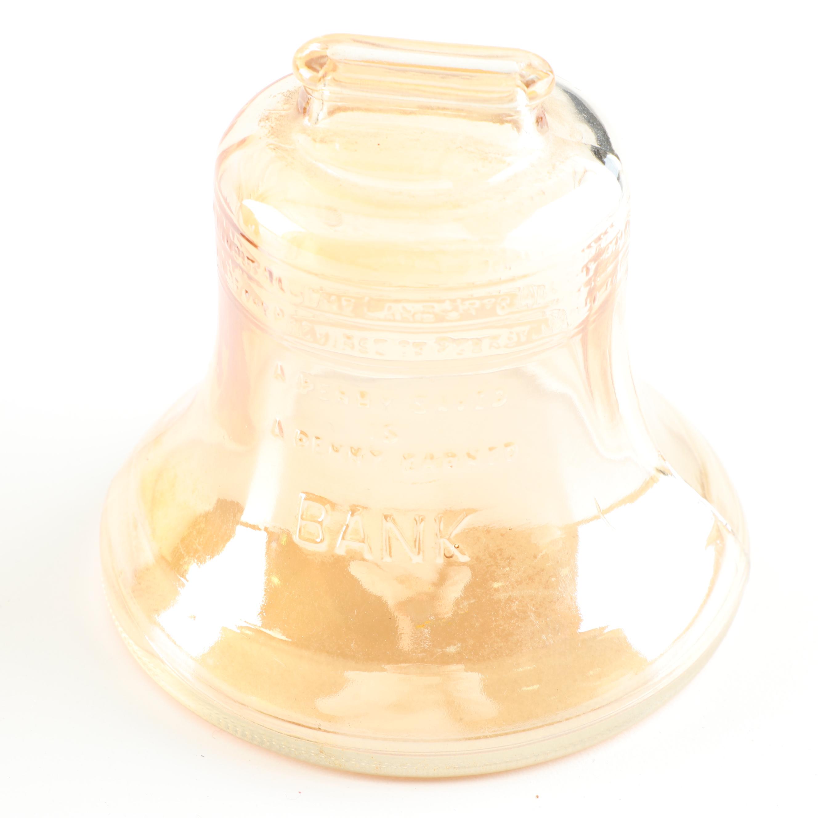 Cast Iron Mailbox Bank and Carnival Glass Liberty Bell Bank, Mid-Century