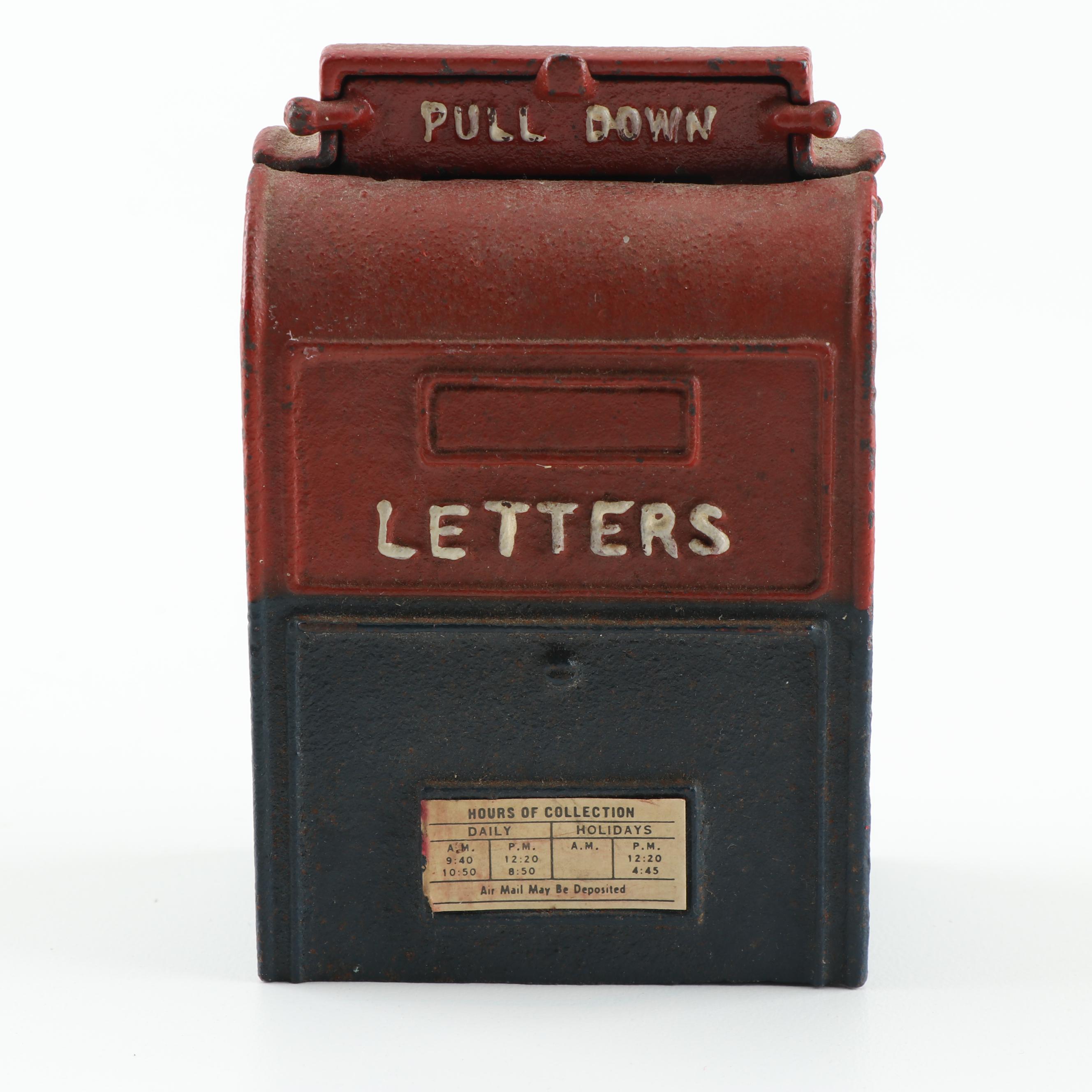 Cast Iron Mailbox Bank and Carnival Glass Liberty Bell Bank, Mid-Century