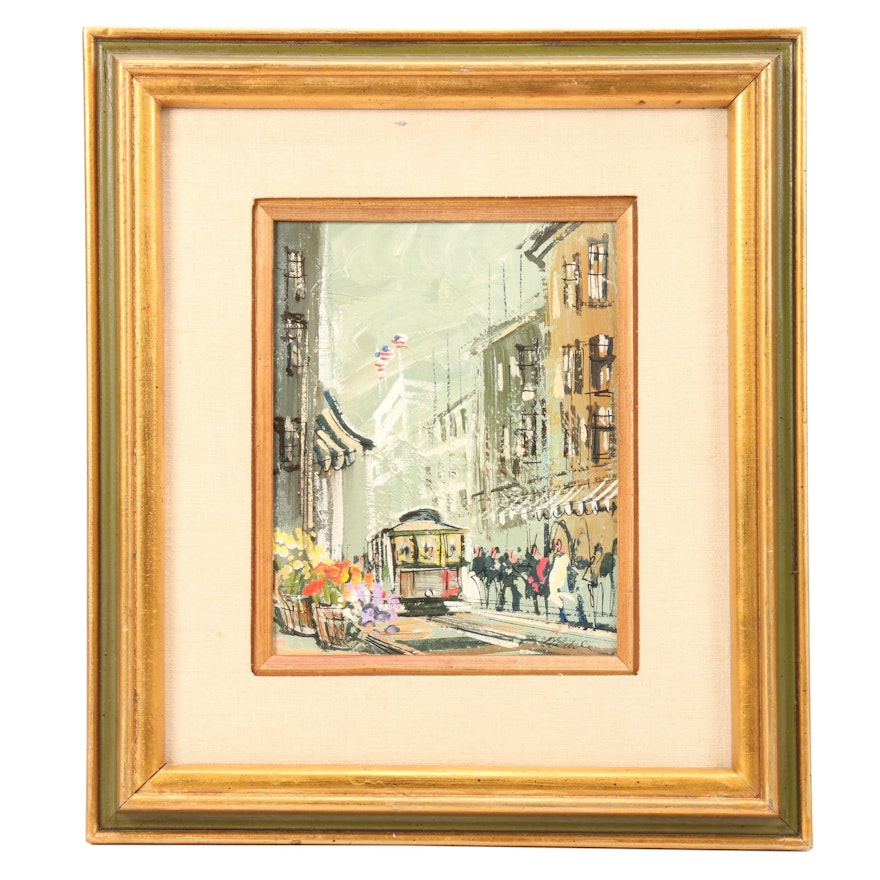John Checkley Oil Painting of Street Scene with Trolley