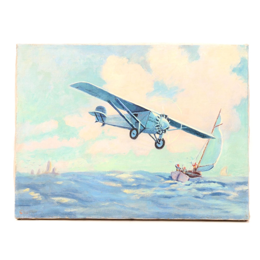 Mid-Century Nautical Scene with Airplane Oil Painting