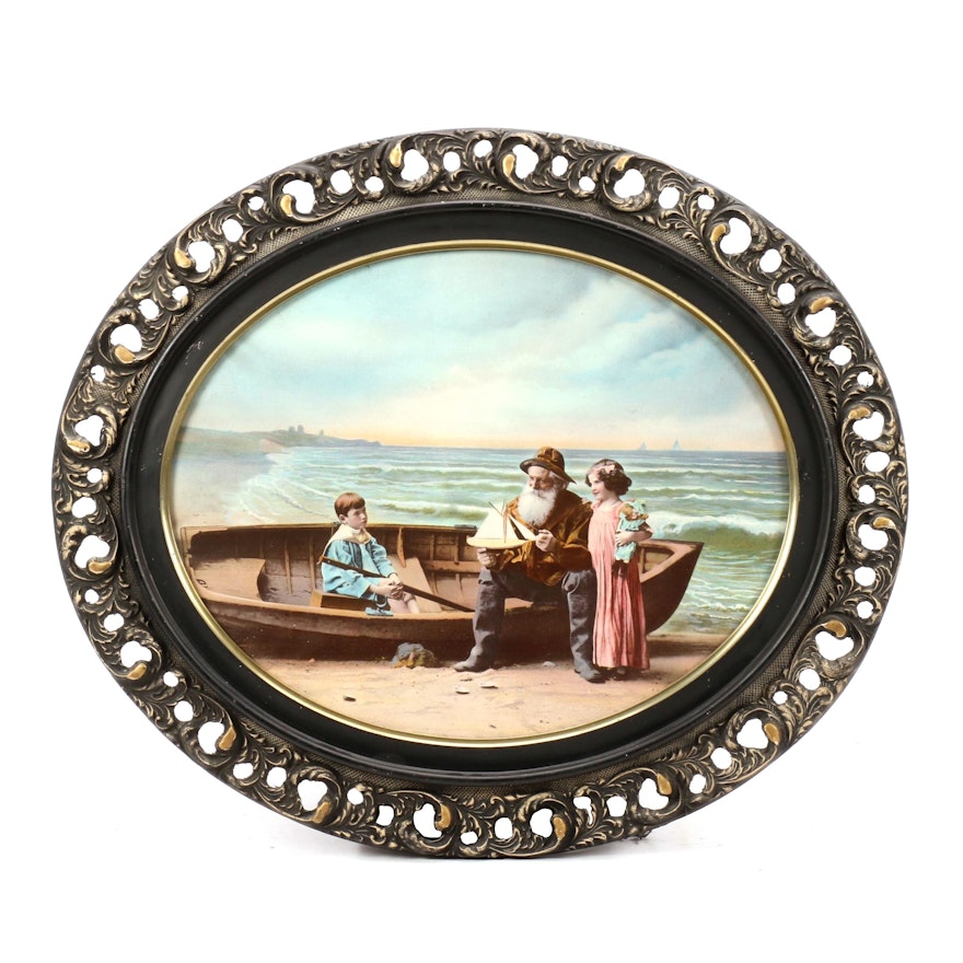 Vintage Offset Lithograph of Sailor and Children with Dinghy on the Beach