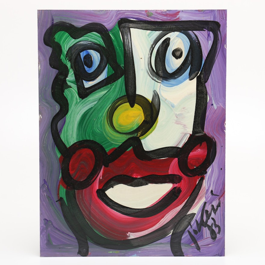 Peter Keil 1983 Abstract Oil Portrait of Clown