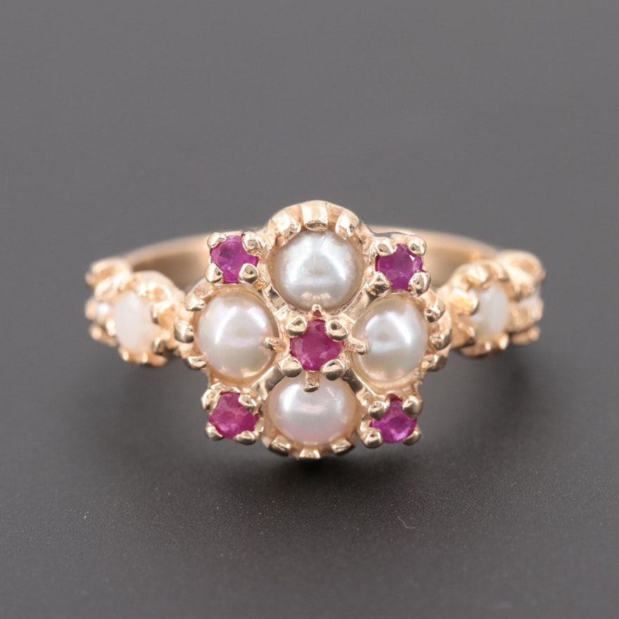 14K Yellow Gold Ruby and Cultured Pearl Ring