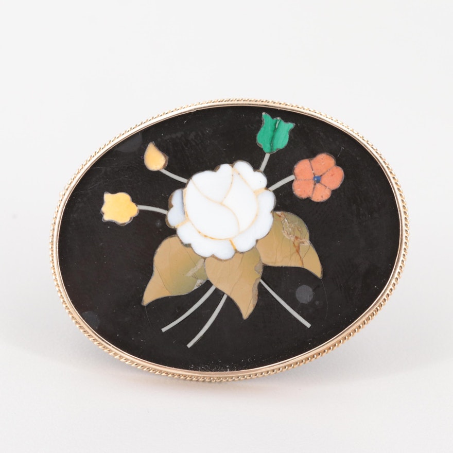 14K Yellow Gold Jasper, Malachite and Shell Inlay Floral Brooch