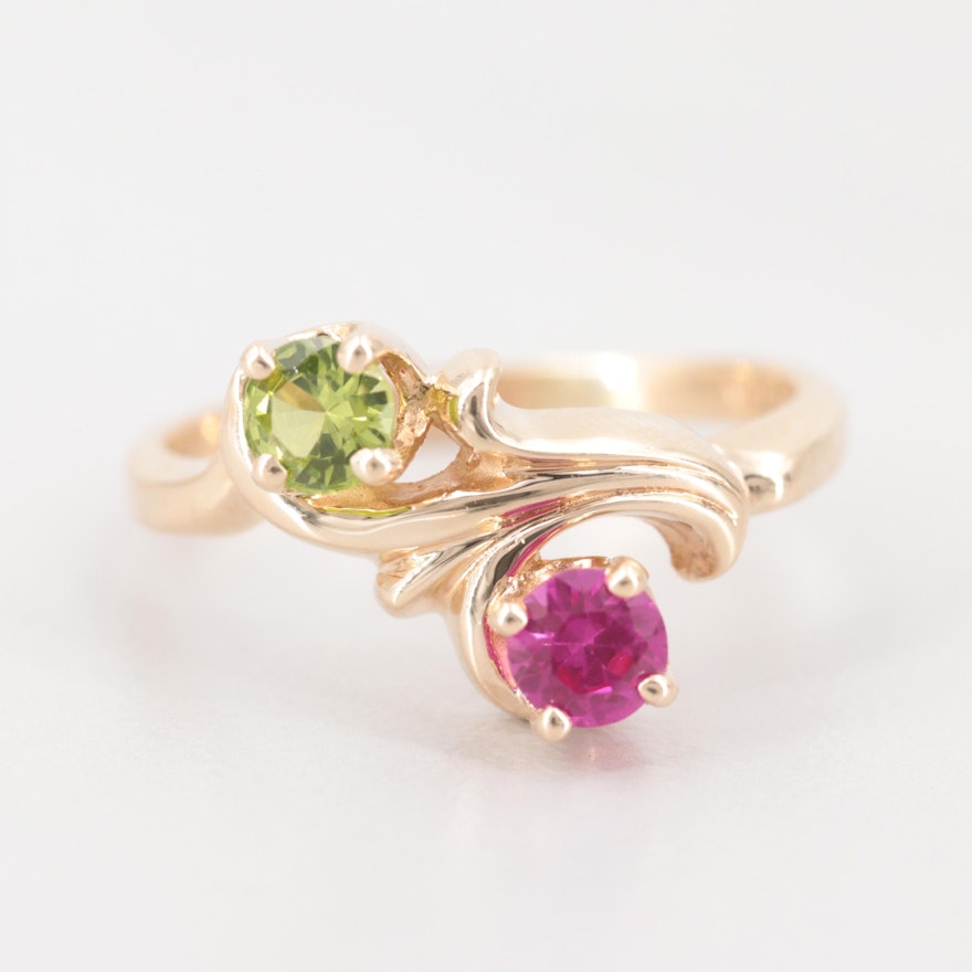 10K Yellow Gold Synthetic Ruby and Synthetic Spinel Triplet Bypass Ring