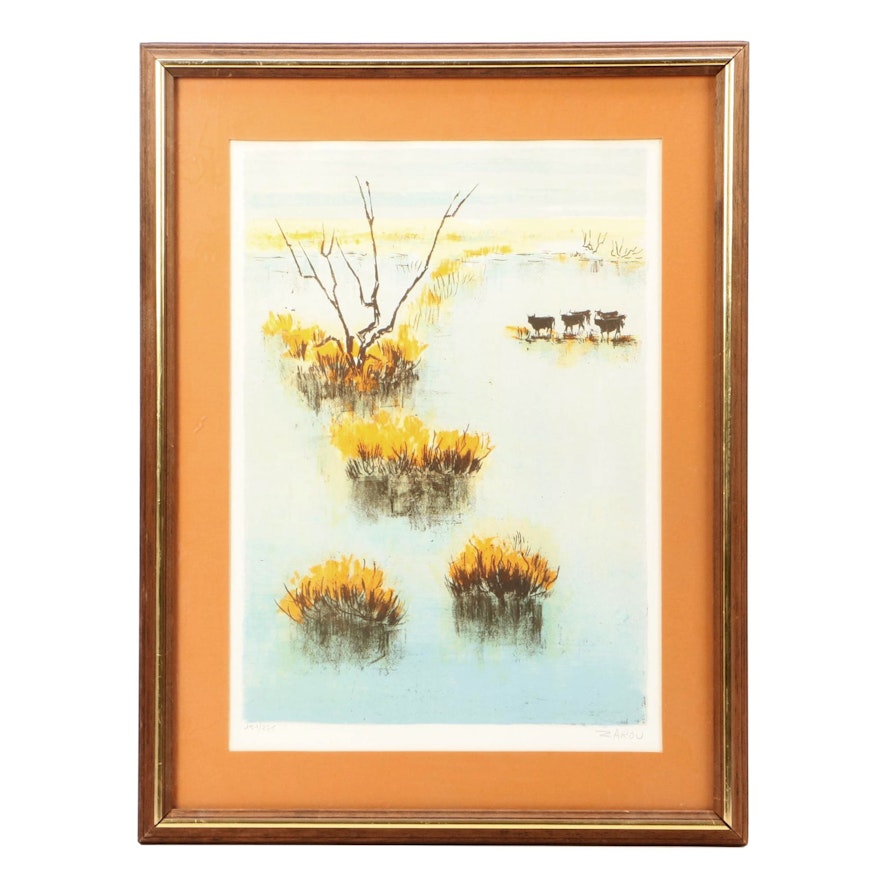 Victor Zarou Limited Edition Lithograph of Cattle in Marshy Landscape