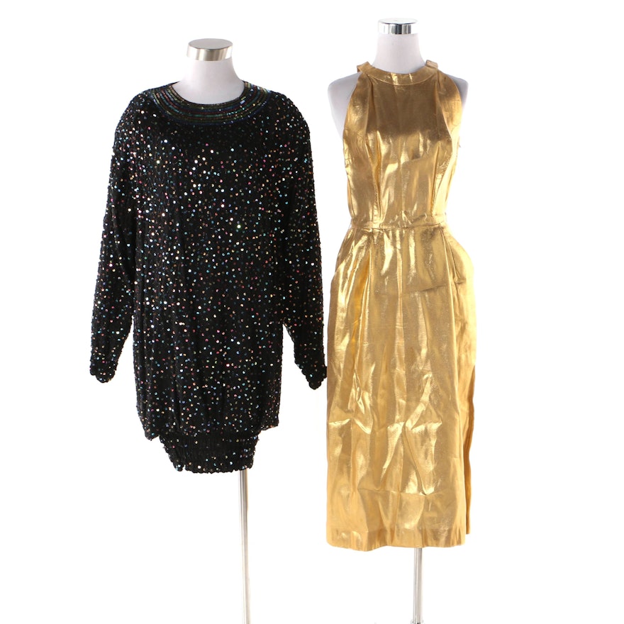 Henry Rosenfeld Gold Lamé and Saks Fifth Avenue Sequined Dresses