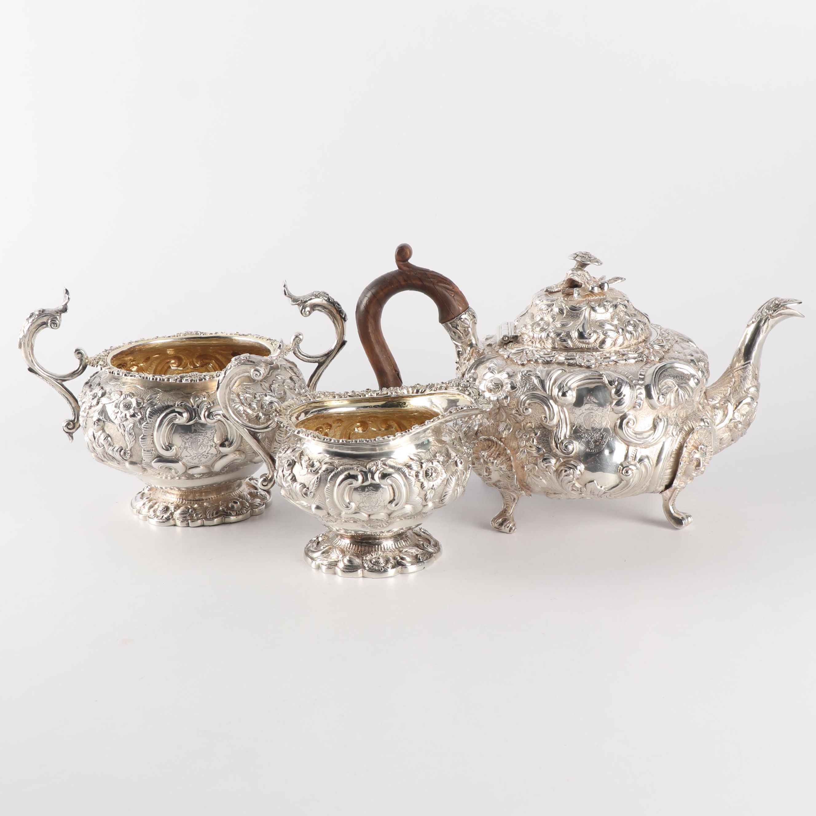Order of the Bath English Silver Teapot, Wastebowl and Creamer, London 1818