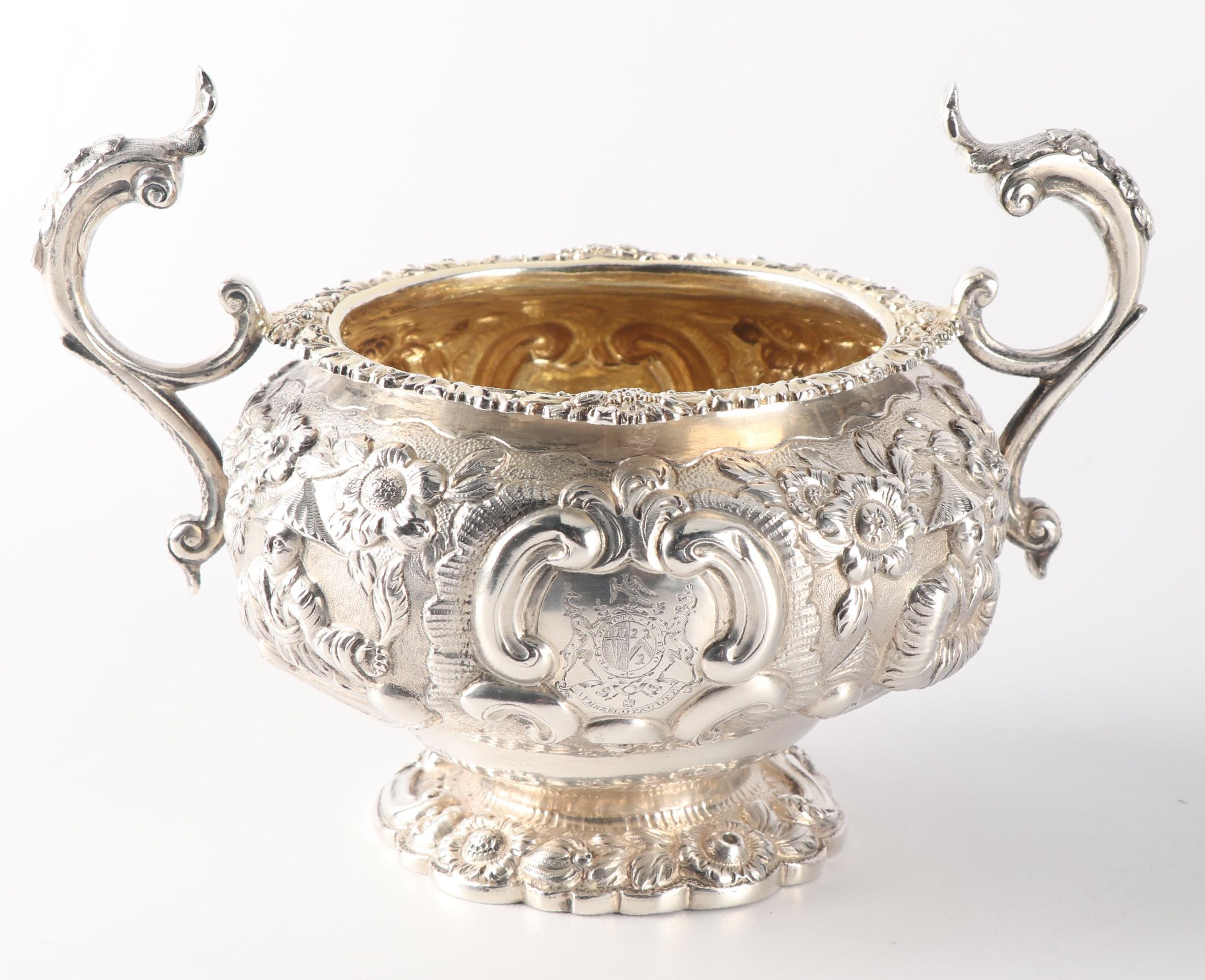 Order of the Bath English Silver Teapot, Wastebowl and Creamer, London 1818