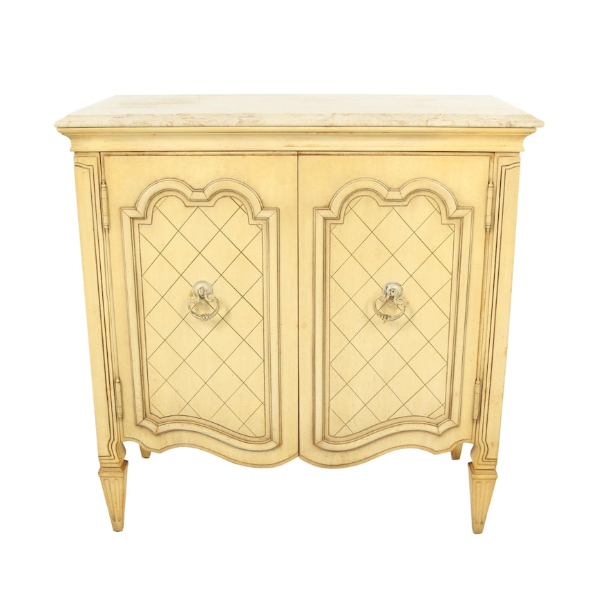 Louis XVI Style Stone Top Painted Wooden Side Cabinet with Outlet, 20th Century