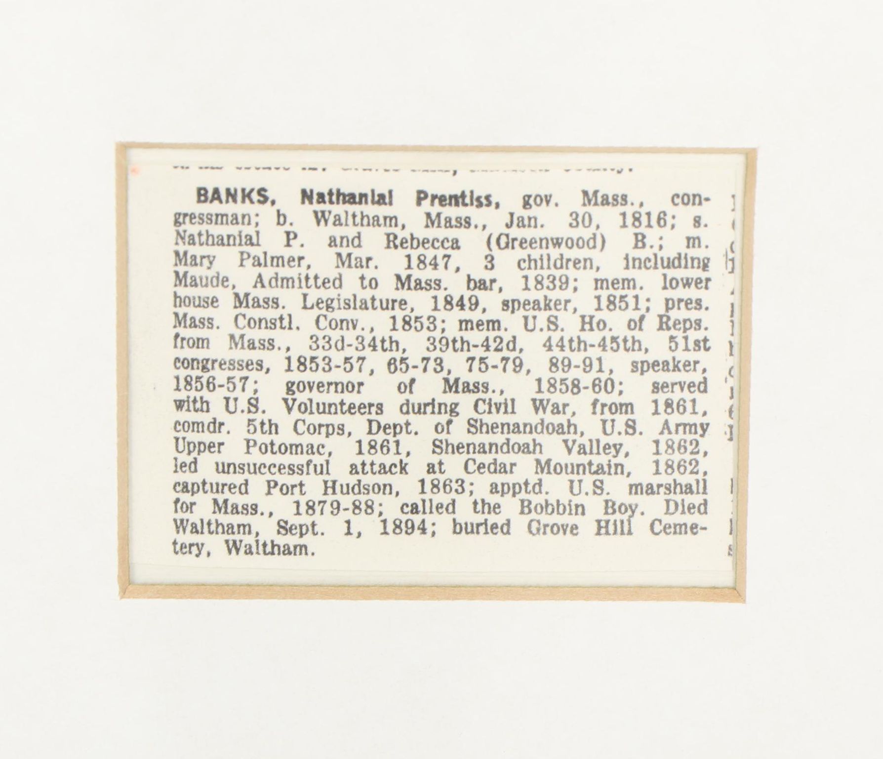 General Nathaniel Banks House of Representatives Letter and Portrait Engraving