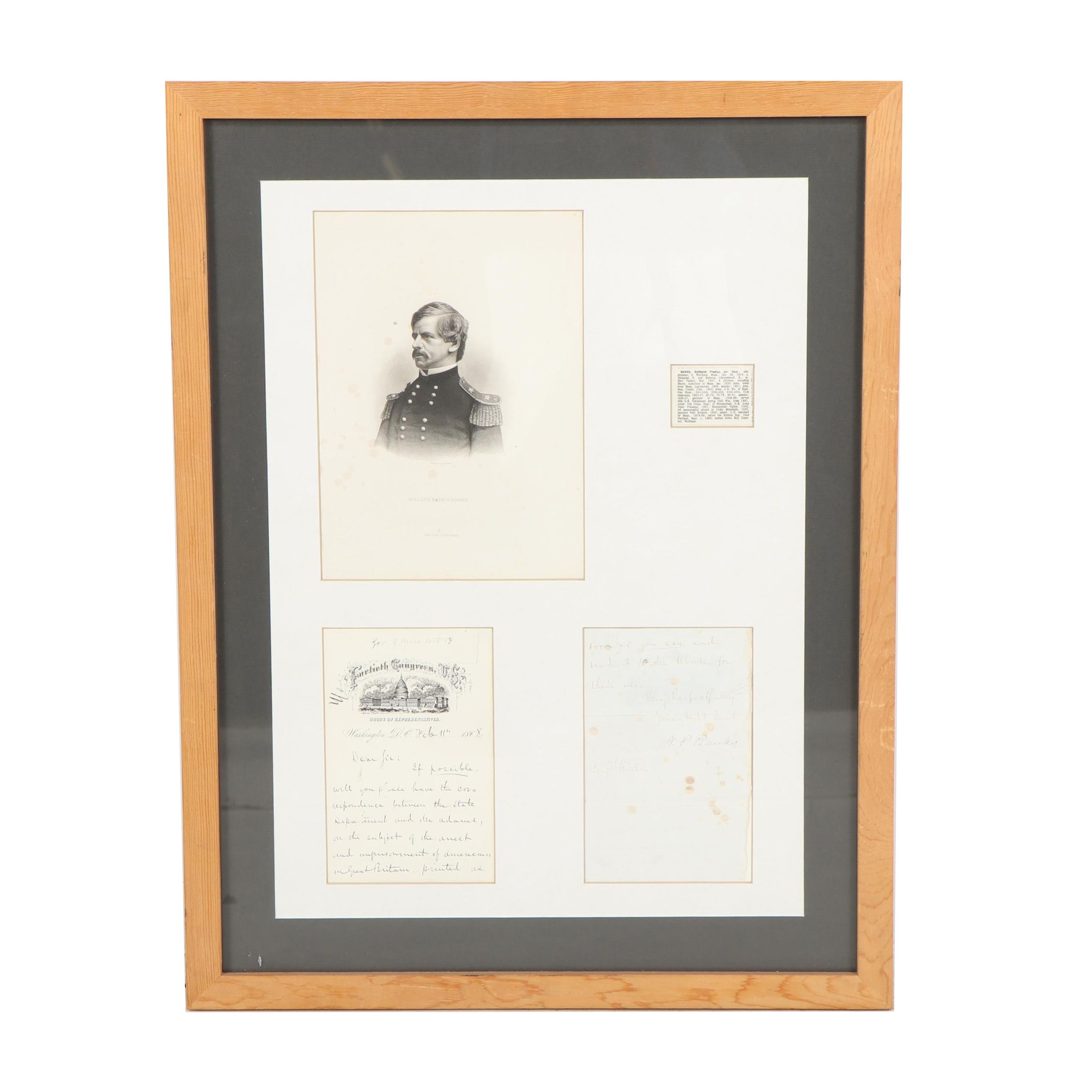General Nathaniel Banks House of Representatives Letter and Portrait Engraving