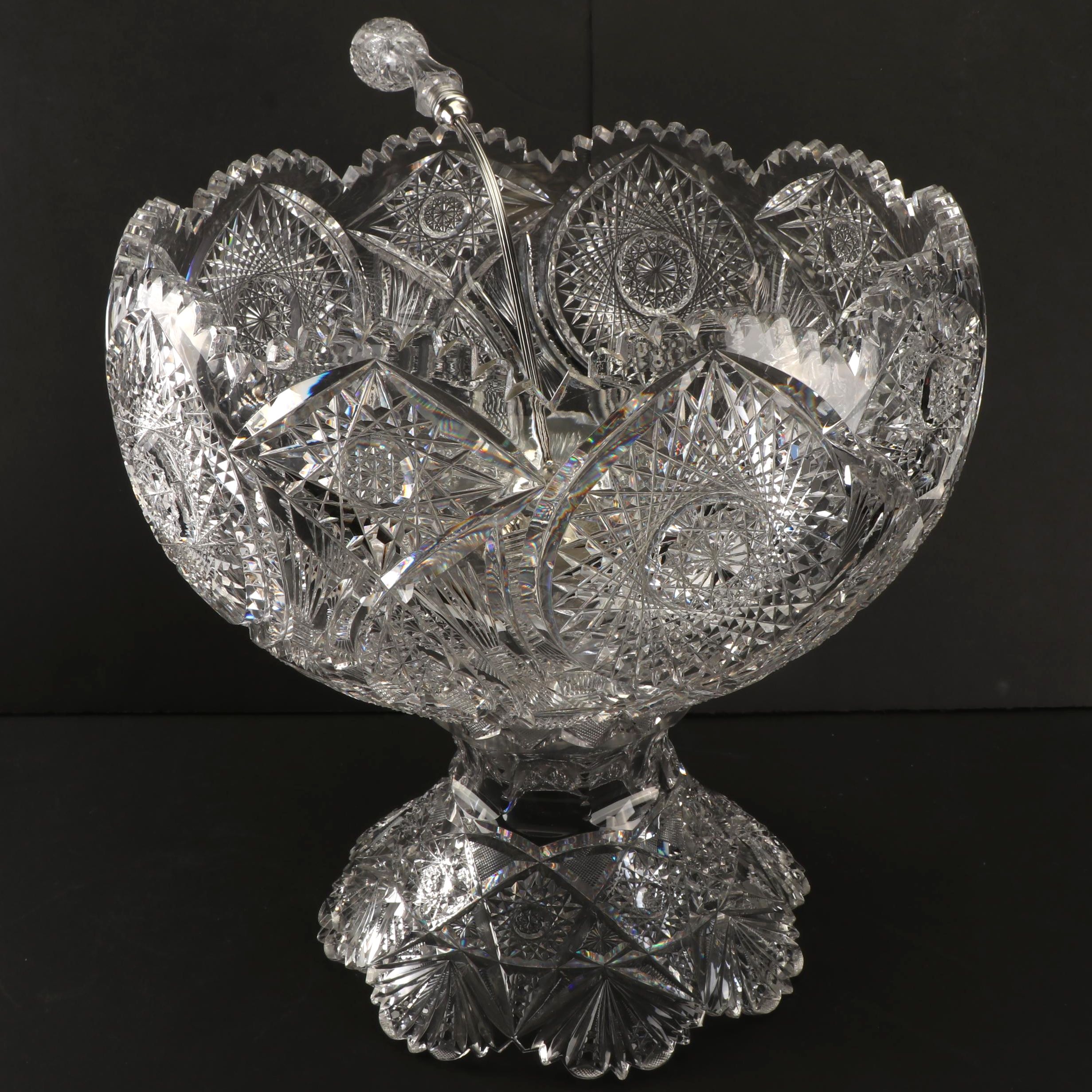 American Brilliant Period Punch Bowl and Stand with Silver Plate and Glass Ladle
