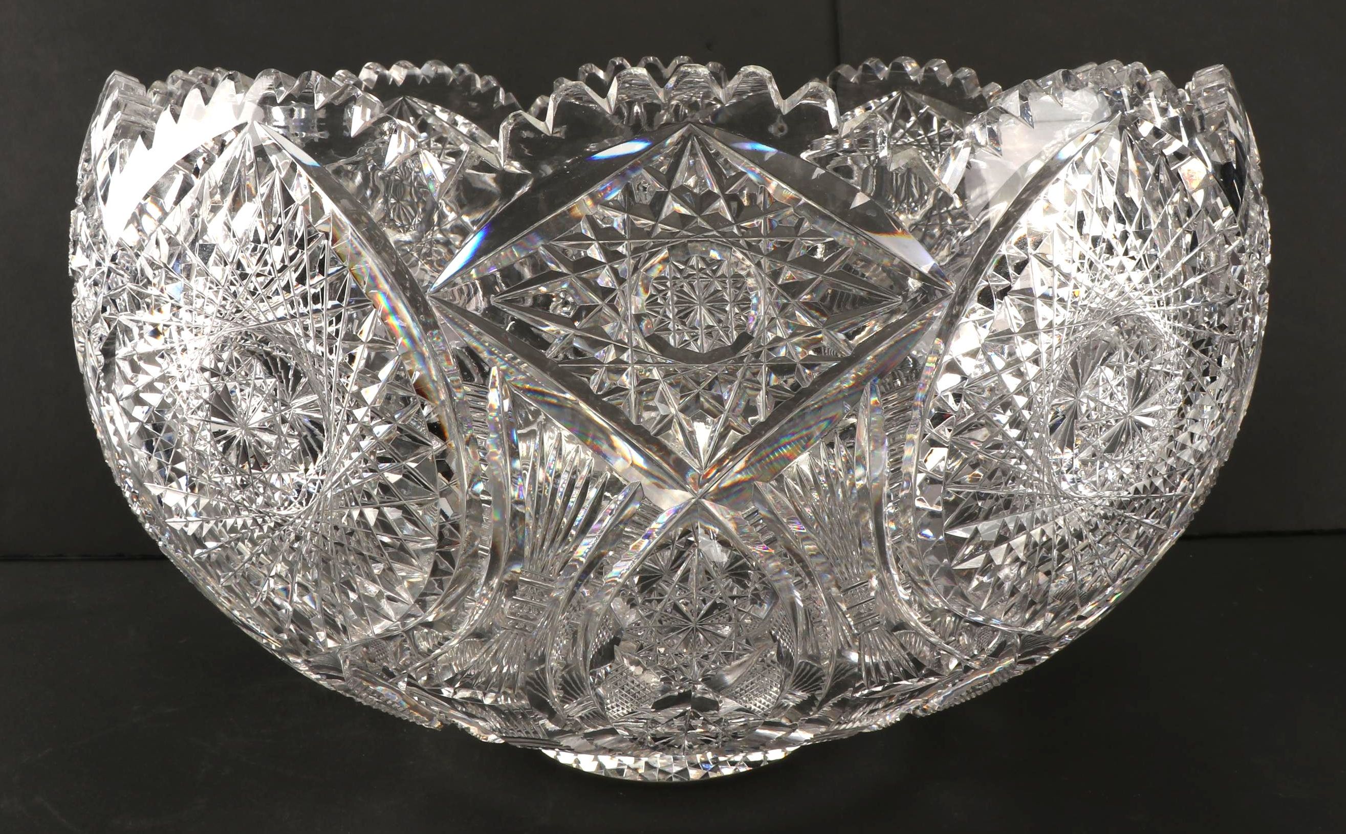 American Brilliant Period Punch Bowl and Stand with Silver Plate and Glass Ladle
