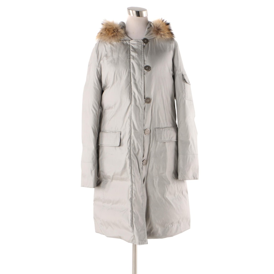 Women's Burberry London Silver Tone Parka with Raccoon Fur Trim Hood