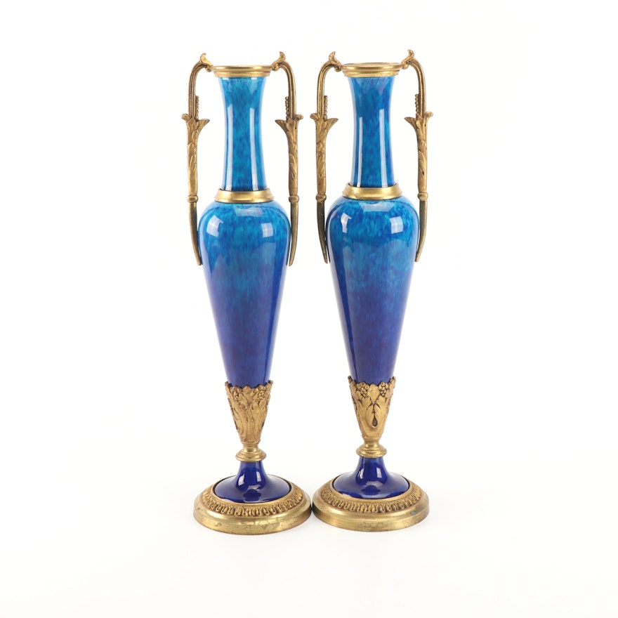 Paul Milet Style Flambé Glaze Ceramic and Brass Vases, Early 20th Century