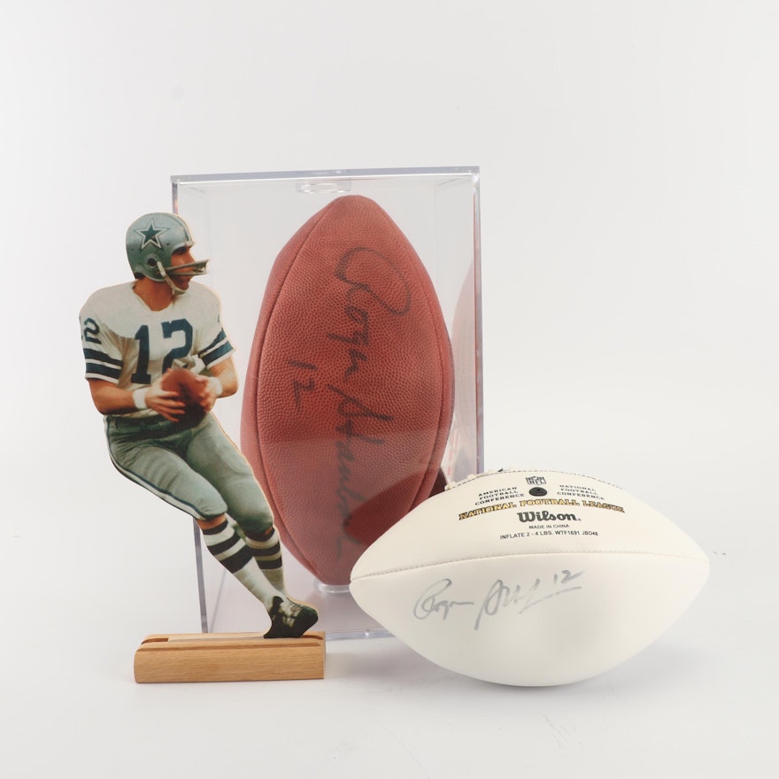 Roger Staubach Autographed Footballs and Wood Cutout