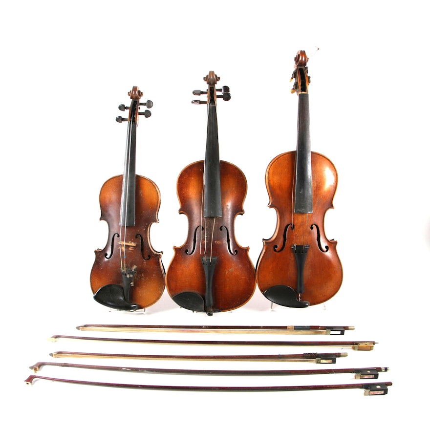 Steiner 4/4 Violins and German 1/2 Violin with Assortment of Bows