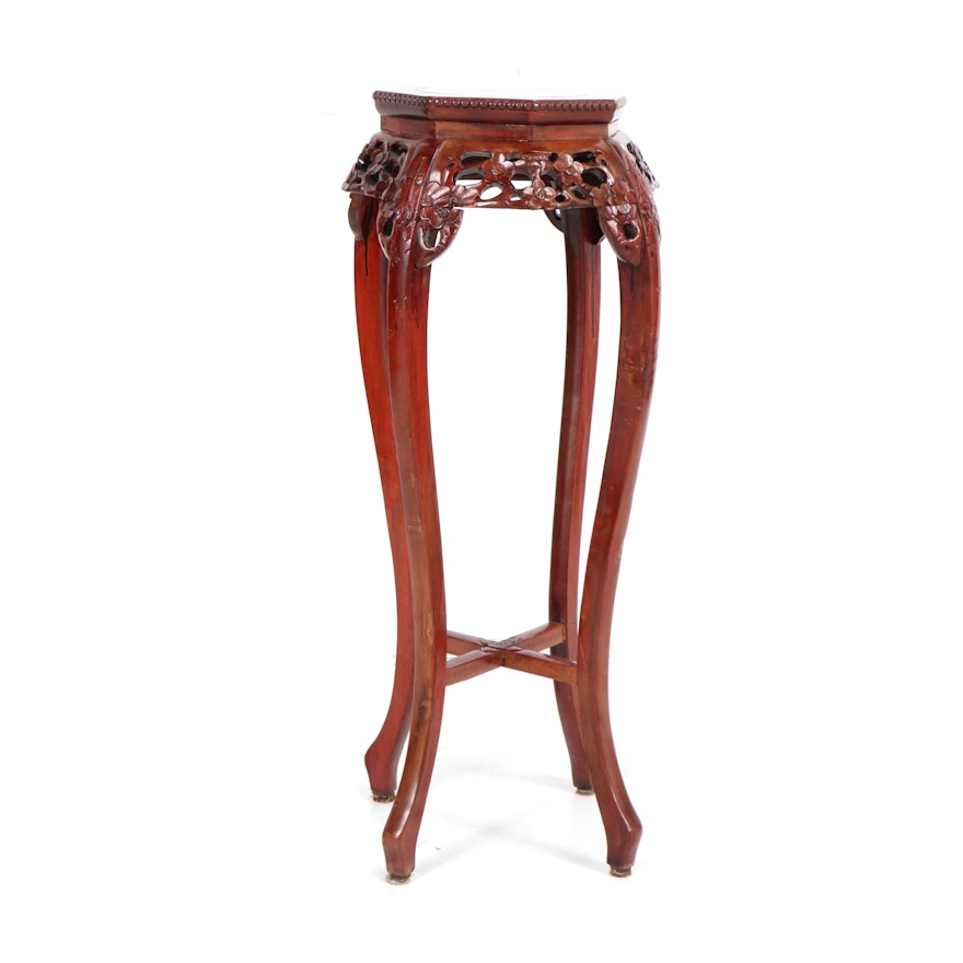 Chinese Carved Wood and Marble Plant Stand, Mid-20th Century