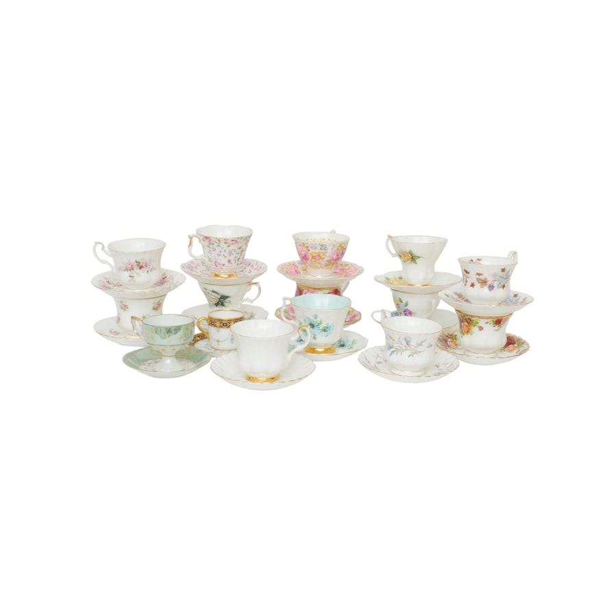 Mixed Fine China Teacups and Saucers Including Copeland's "Jewelled Porcelain"