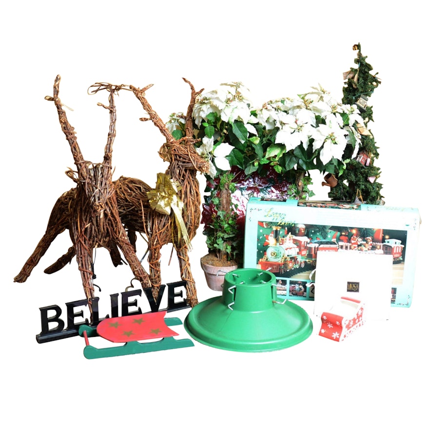 "The Logger Bears" Train Set with Vine Reindeer and Faux Poinsettias