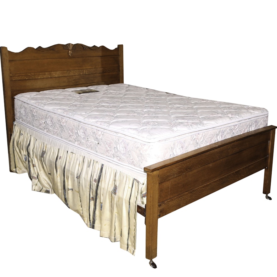 Oak Full Size Bed Frame on Casters, 20th Century