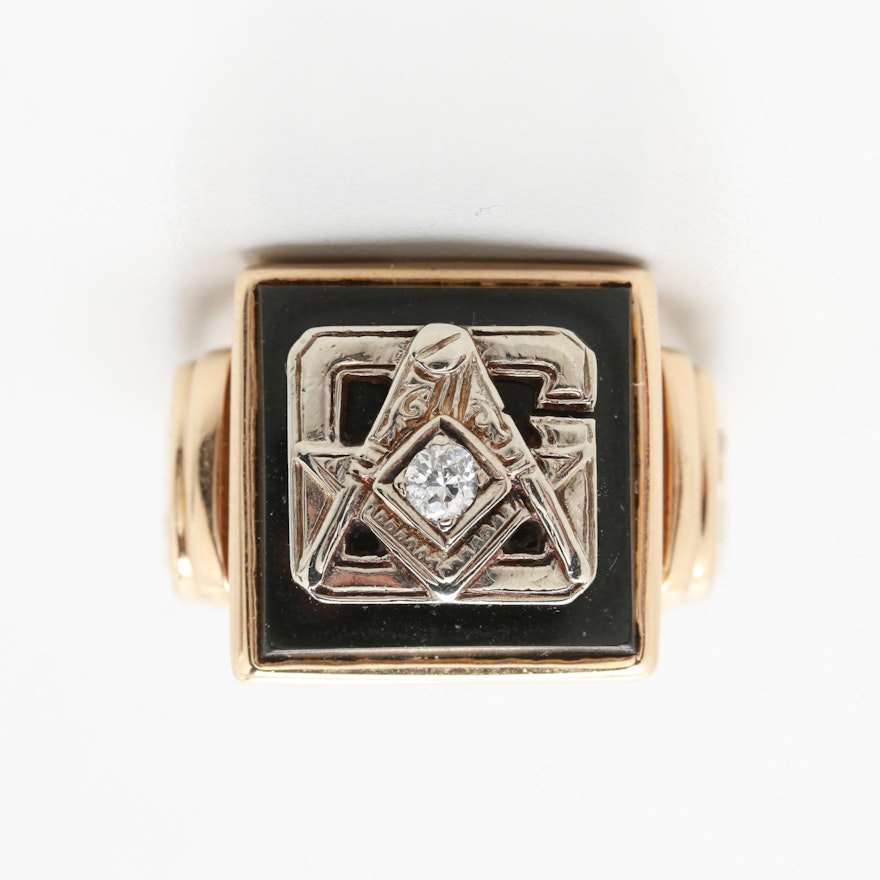 Freemason 14K Yellow Gold Black Onyx and Diamond Ring