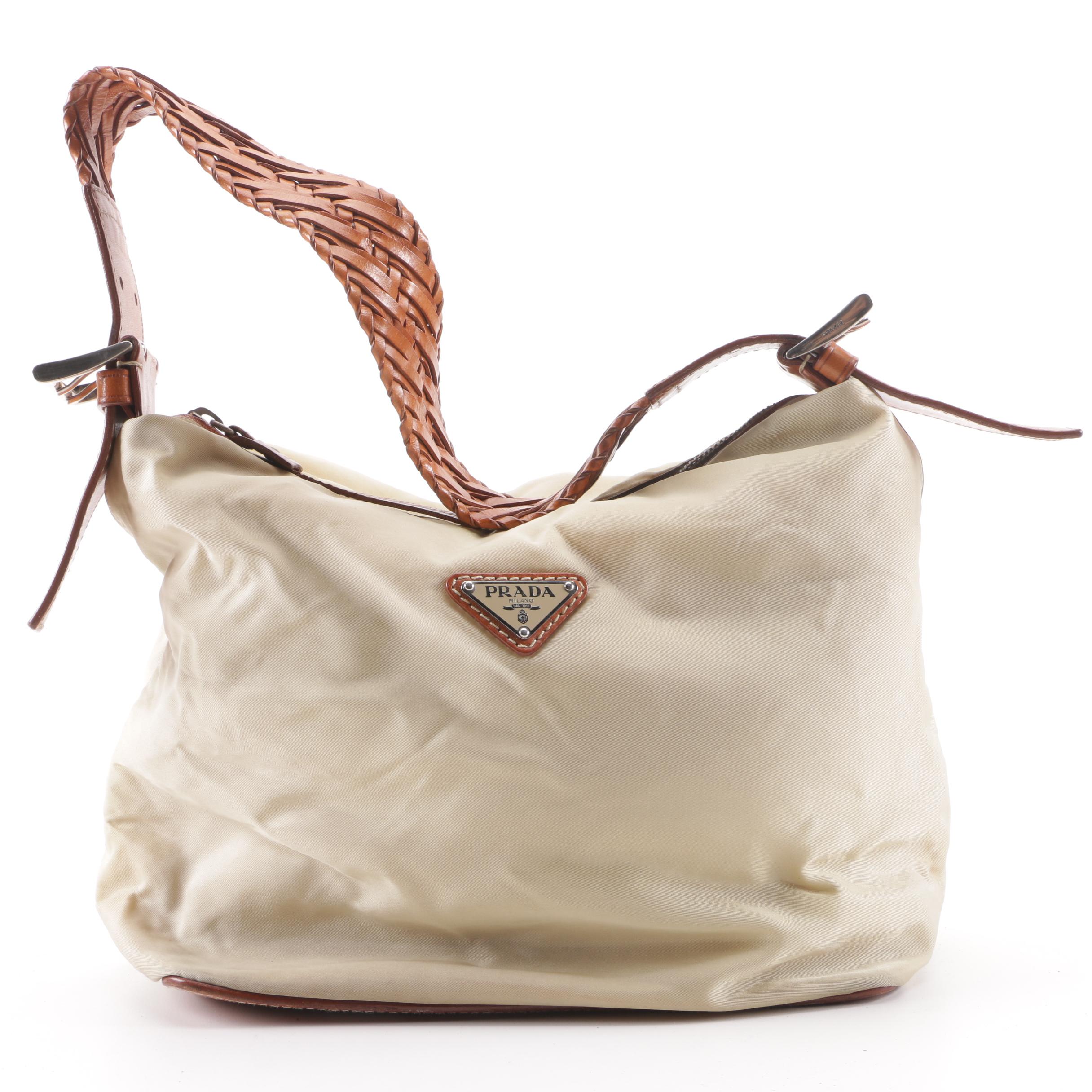 Prada Beige Nylon and Woven Leather Shoulder Bag